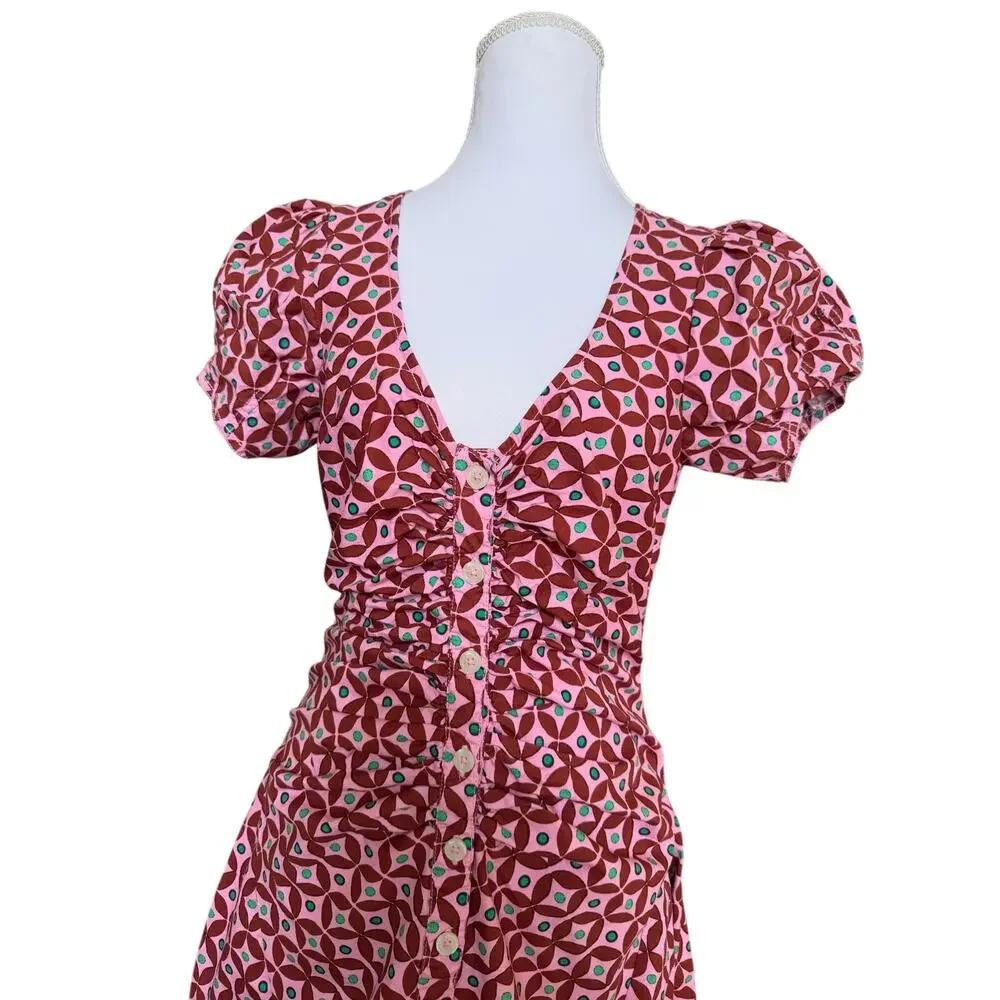 Free People Oakley Mini Geometric Print Mini Dress Pink Puff Sleeve Ruched - Picture 4 of 10